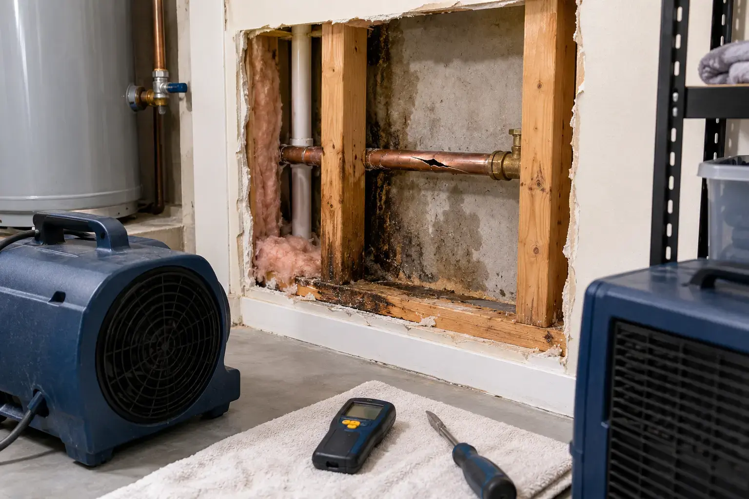 Opened utility wall showing a failed copper supply pipe and damp framing