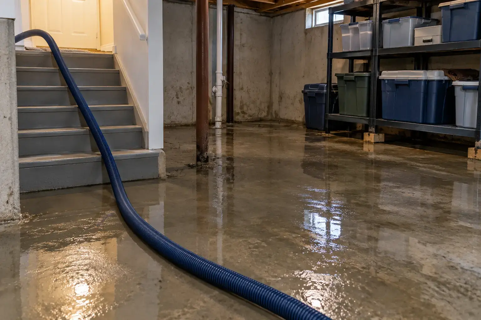Flooded basement with an extraction hose and raised storage shelving