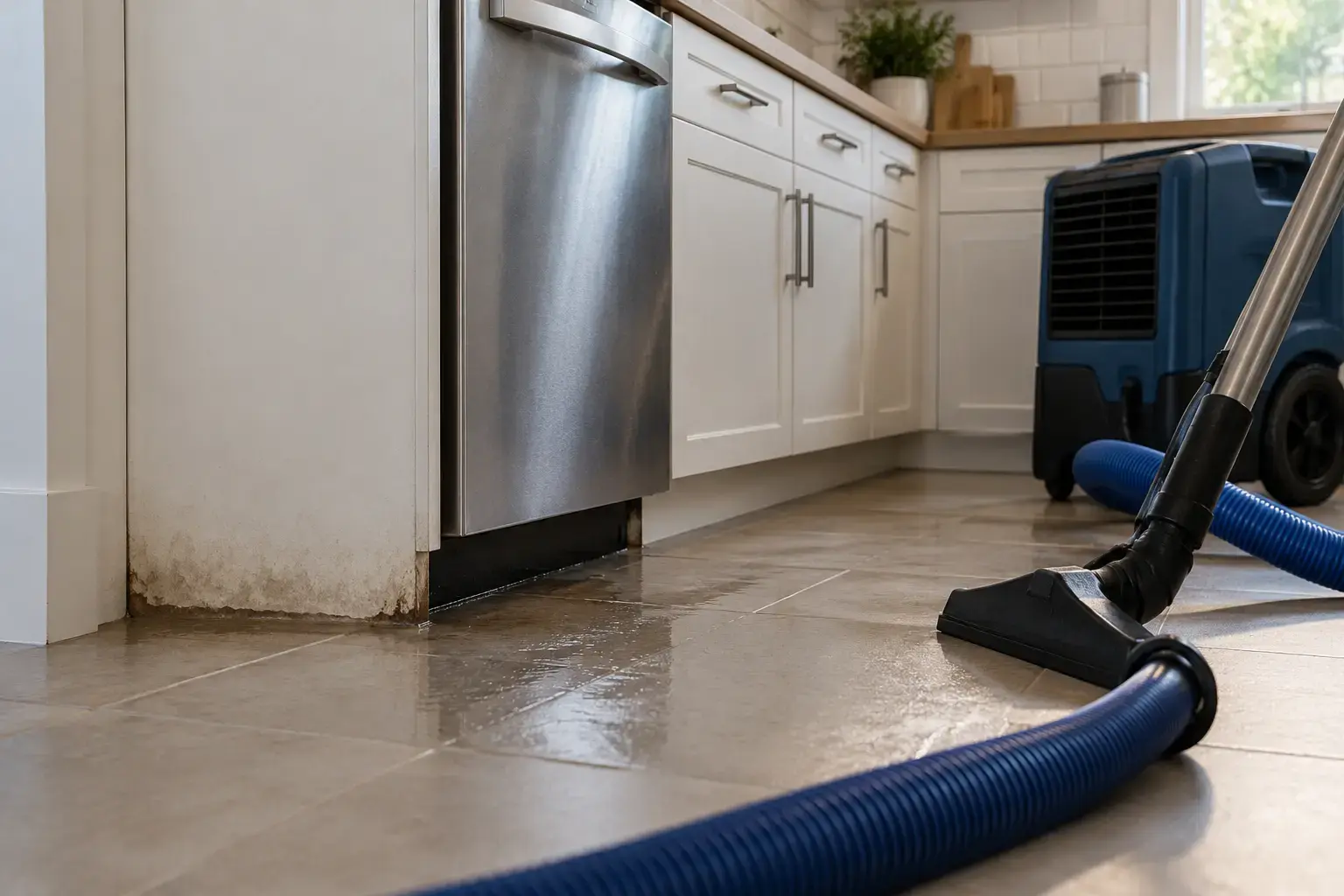 Water extraction at a leaking dishwasher and damp kitchen cabinet base