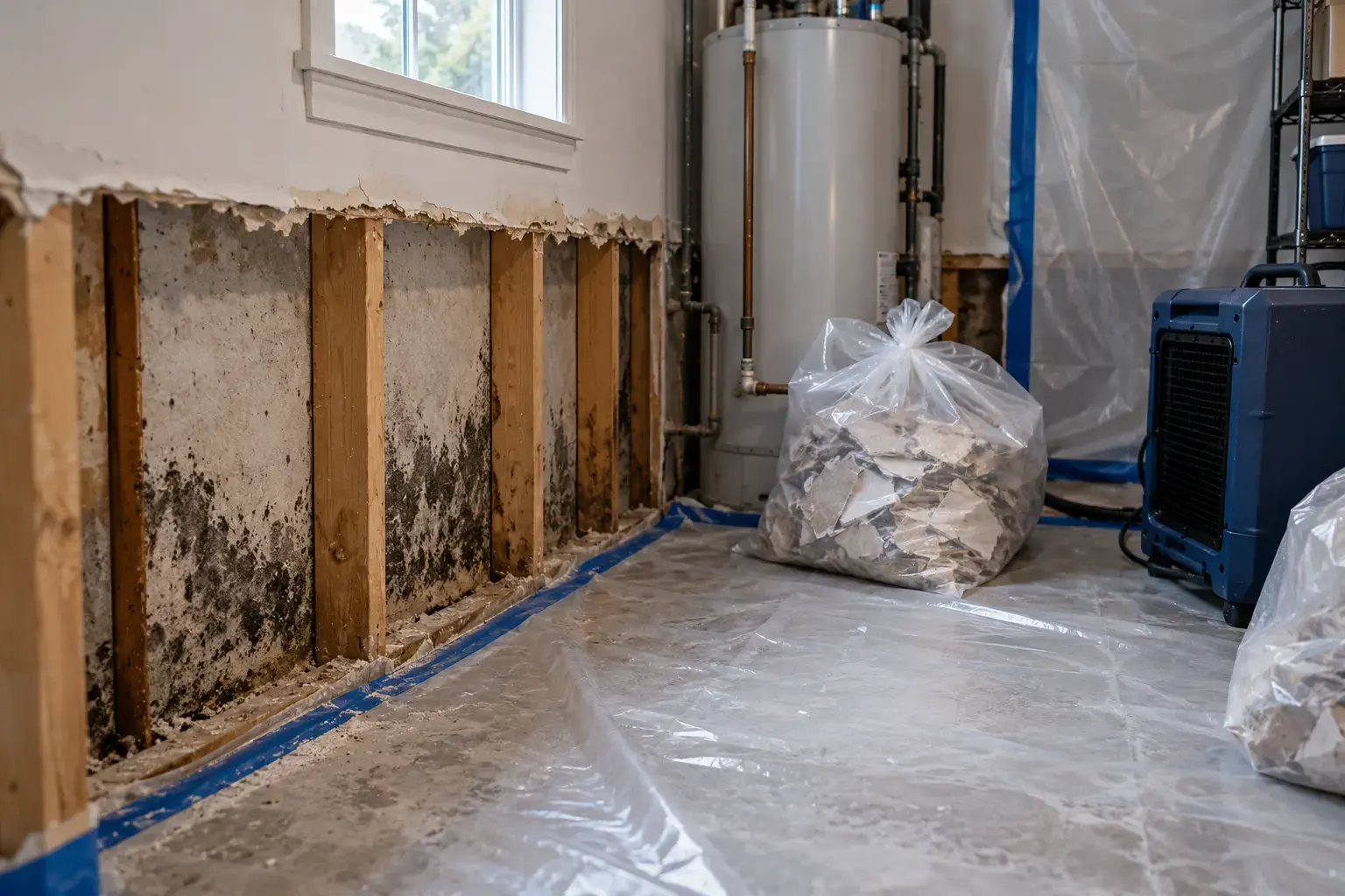 Mold-affected drywall in a separated utility-room cleanup area